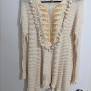 Cream Knit Sweater with Fringe Detail